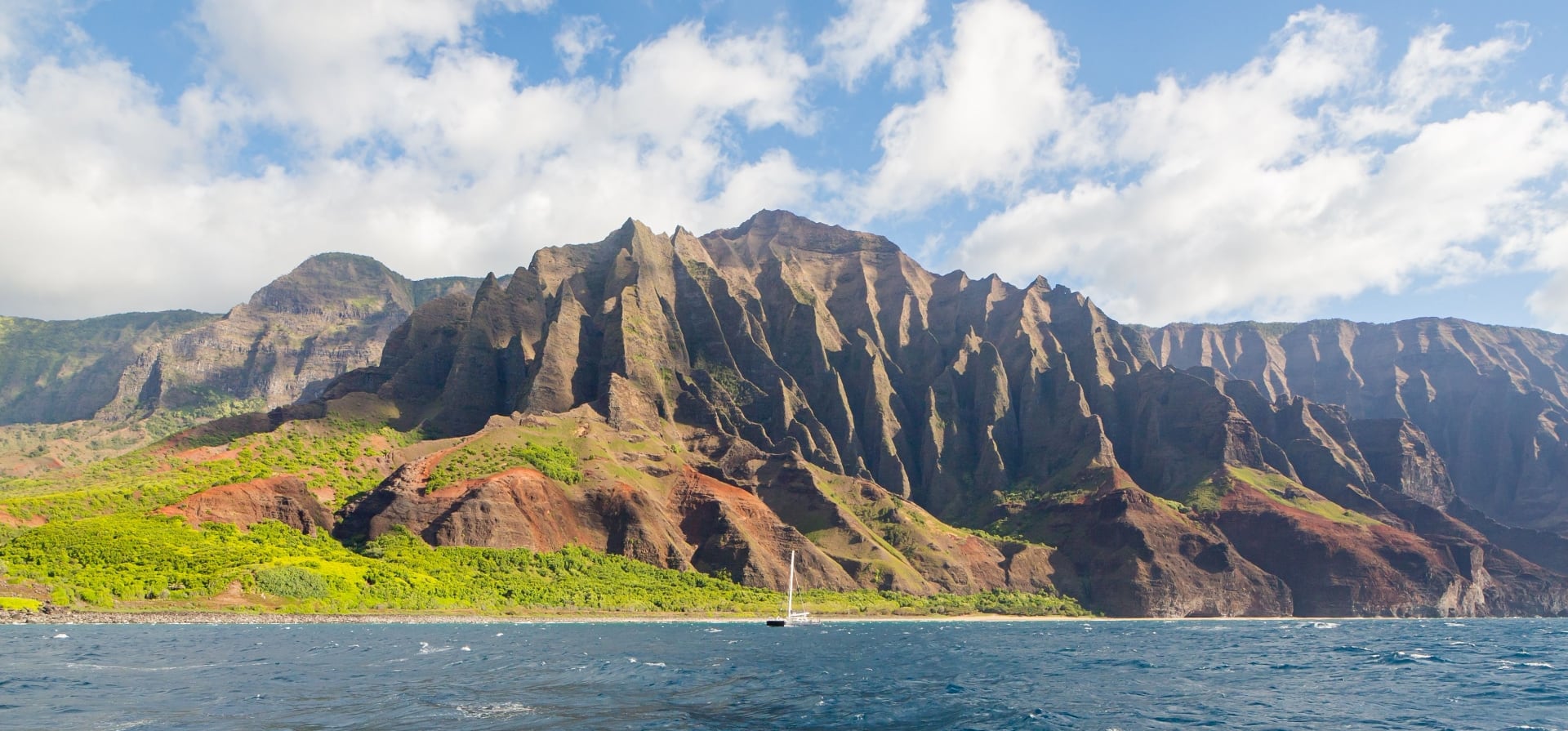 Stunning view of the Na Pali Coast with its lush, green cliffs